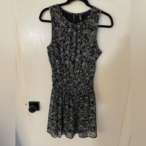 Aqua Black and Blue Floral Mini Dress with Smocking Detail